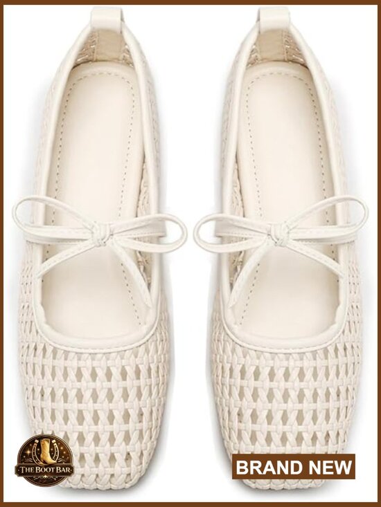 Shoes - Square Toe Mary Jane Slip-On Ballet Flats Foldable Mesh Woven Work Office Casual